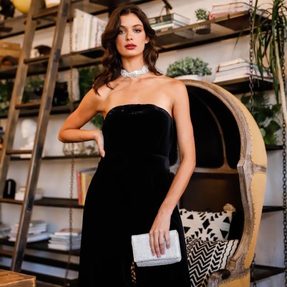 Velvet Off-The-Shoulder Front Buckle Belt Jumpsuit Black - Picture 4 of 6